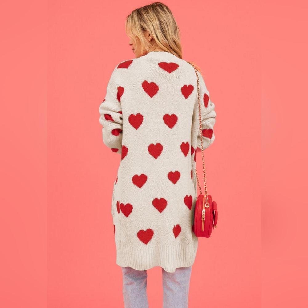Contrasting Heart Knit Open Front Longline Pocket Sweater Cardigan Valentine - Picture 8 of 9